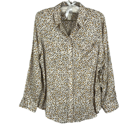 Chicos Women's Size 2 Button-Down Key Print Pattern Collared Long Sleeve Blouse - Picture 1 of 11